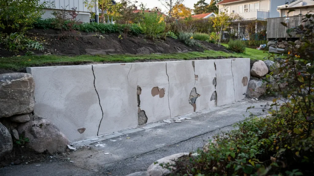 renovering av putsad st dmur med sprickor i skog s
